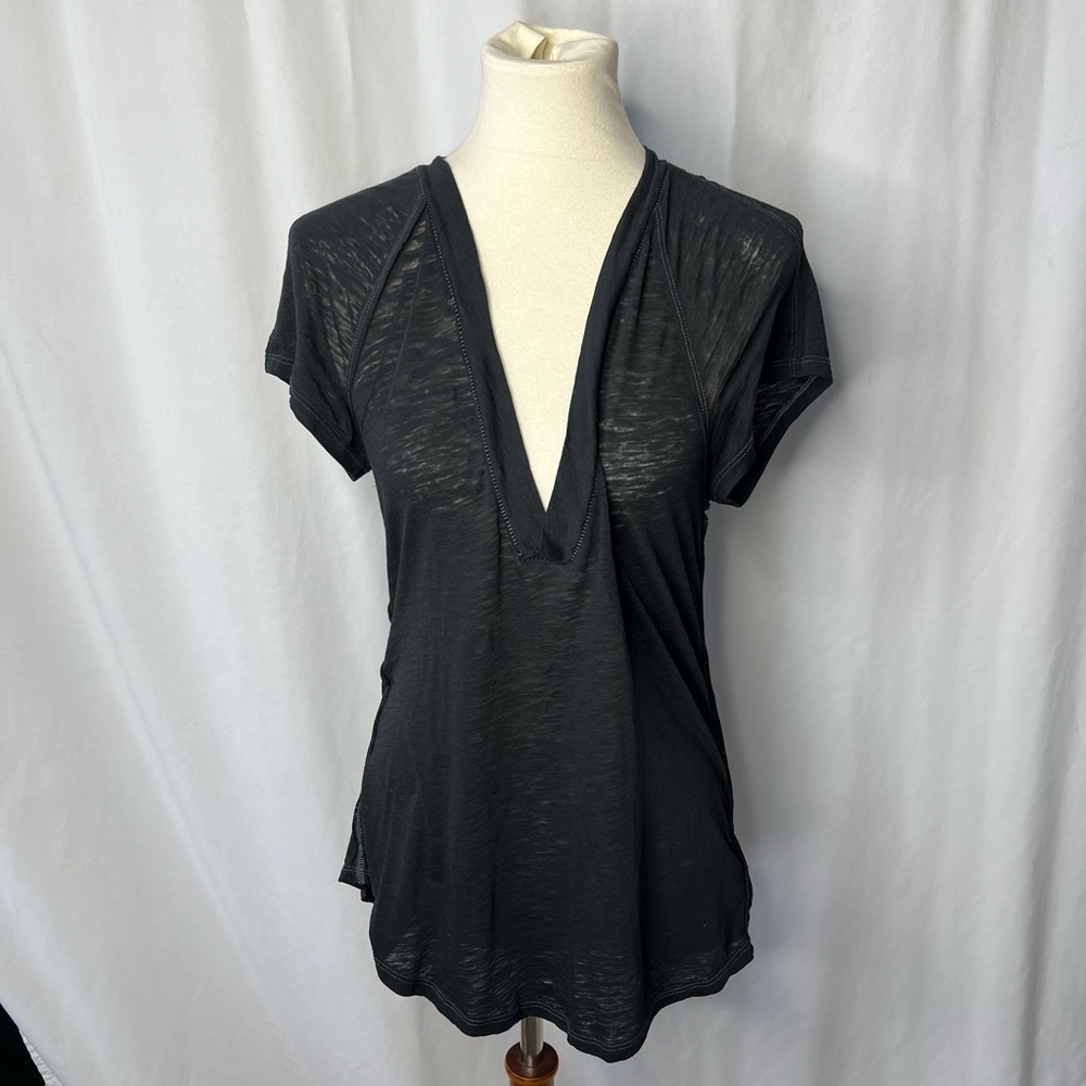 We The Free Black Sheer V-Neck Tee | Lightweight Slub Knit | Size M